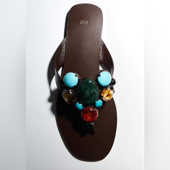 ZARA Beaded Flat Leather Sandal Brown - Picture 7 of 12